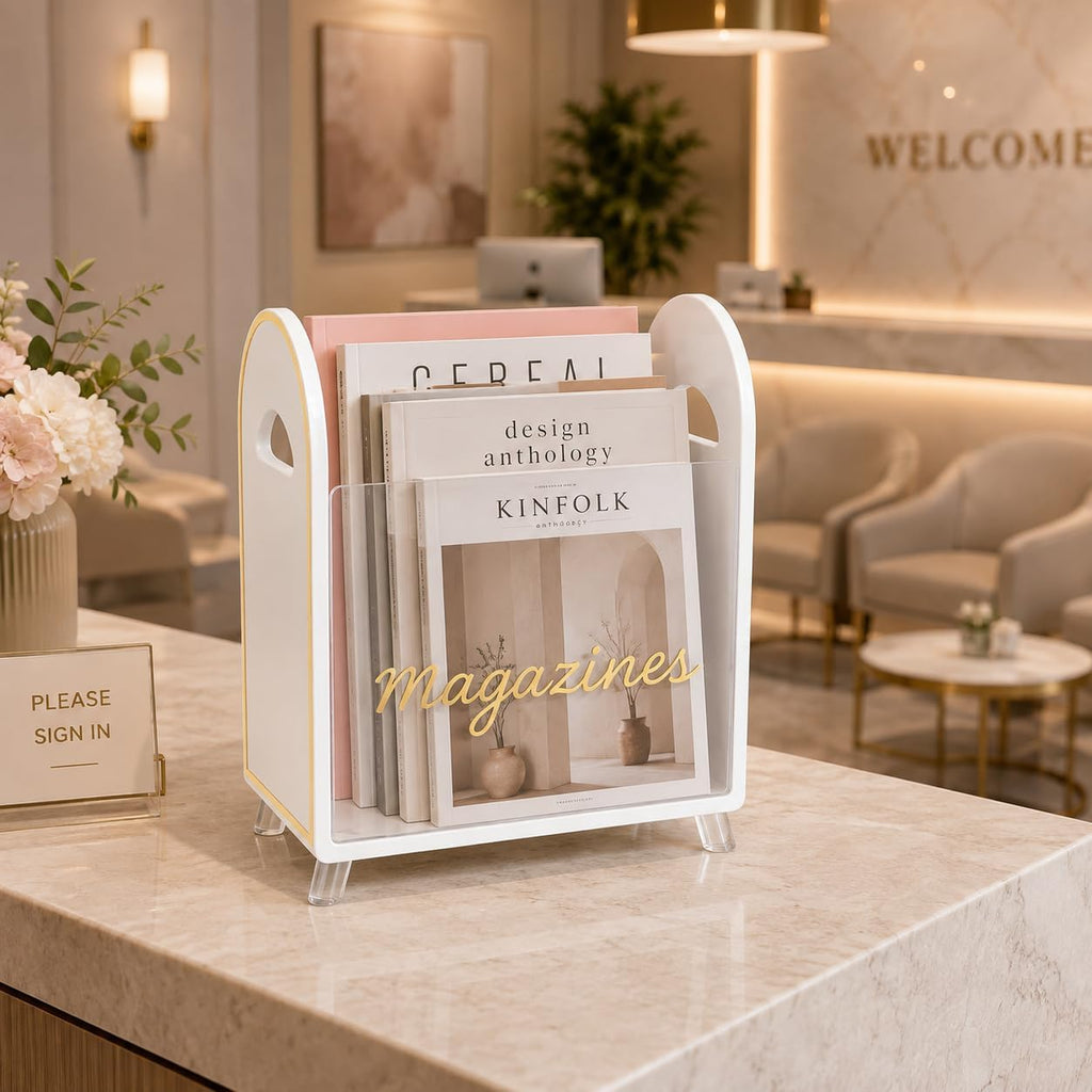Khen Acrylic Magazine Rack Holder & Gold Trim - 12.40" x 10" x 4.49" - Crystal Lucite Clear - Shatterproof - Open Top - Space Saver - For Magazines, Publications, Office Desk, Reception, Waiting Room