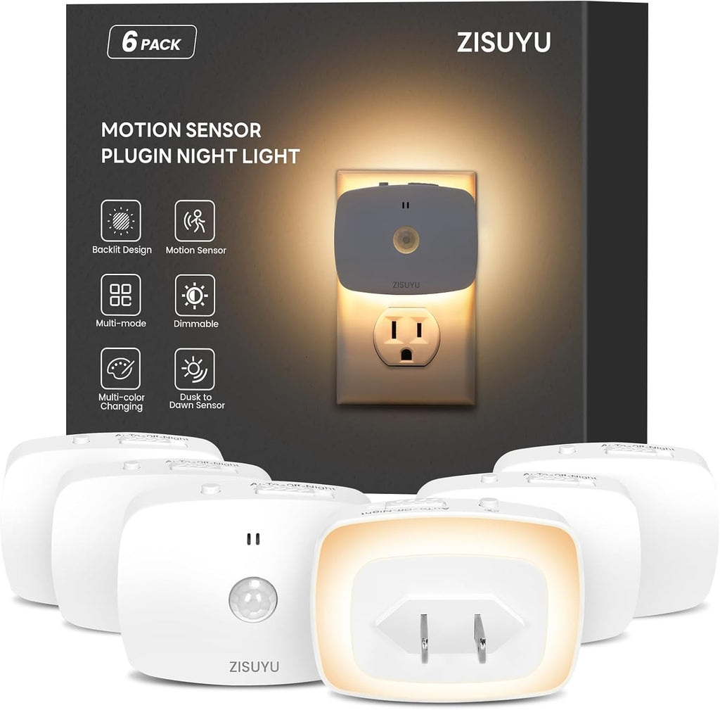ZISUYU Plug-in LED Backlit Night Light with Motion Sensor & Dusk to Dawn Sensor, 10-60lm Dimmable Nightlight with Multi-Mode & Color-Changing, Ideal for Bedroom, Bathroom, Stairs, Hallway (6 Pack)