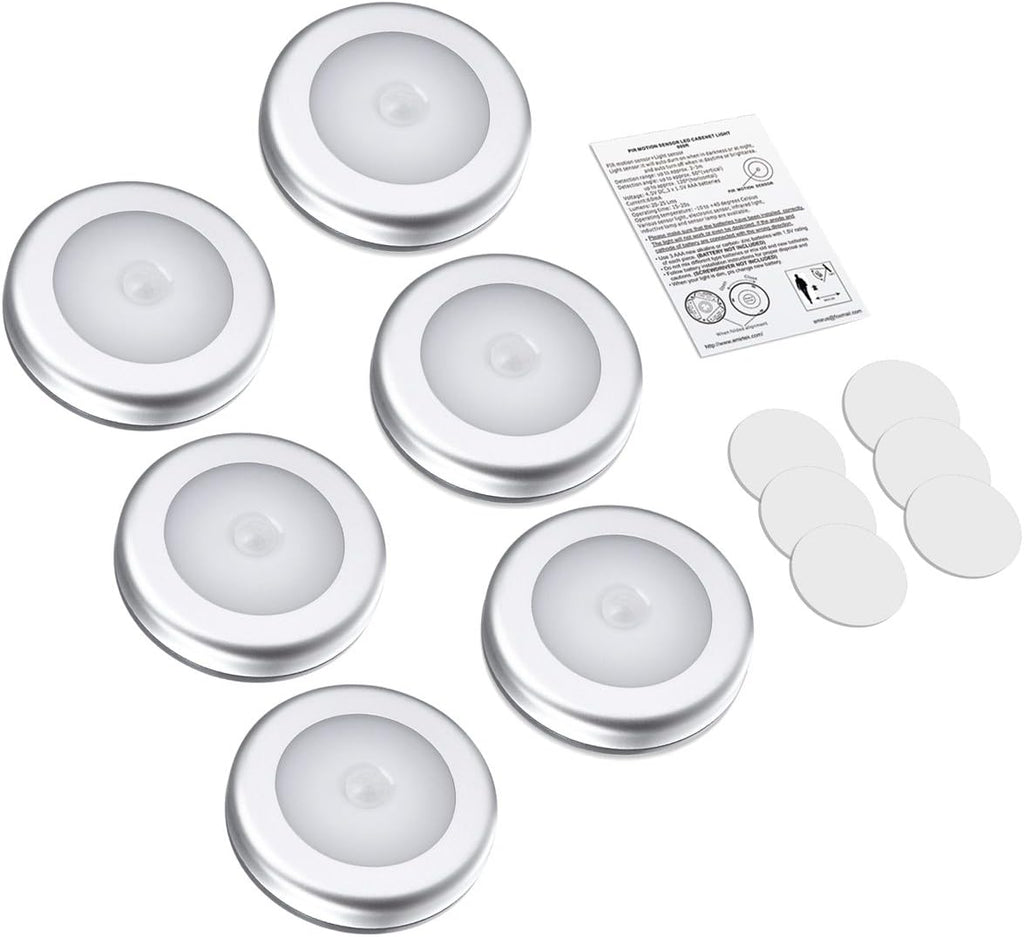 AMIR Upgraded 3.15” Motion Sensor Light, Cordless Battery-Powered LED Night Light, Stick-Anywhere Closet Lights Stair Lights, Safe Lights for Hallway, Bathroom, Bedroom, Kitchen (White - Pack of 6)