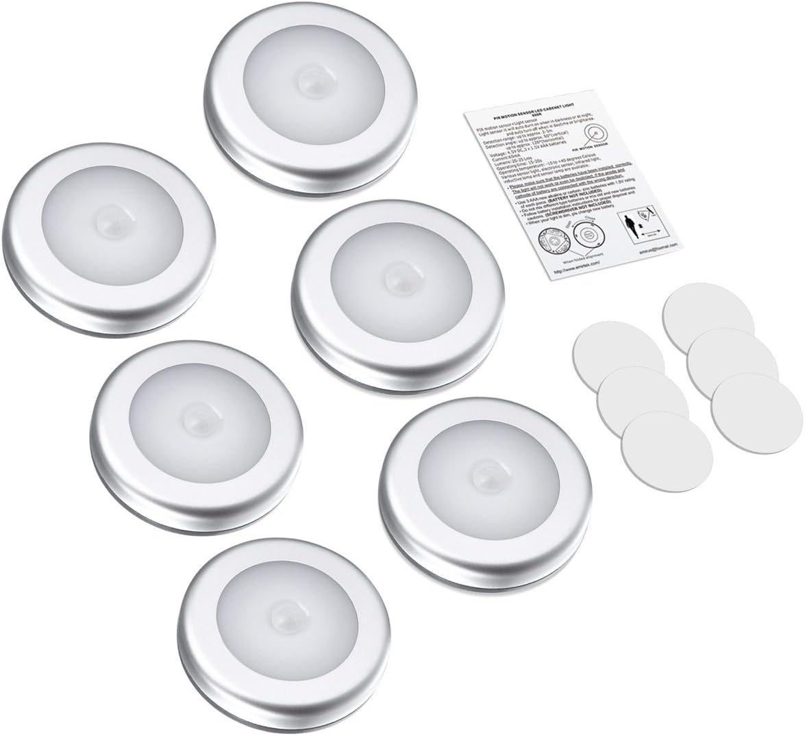 AMIR Upgraded 3.15” Motion Sensor Light, Cordless Battery-Powered LED Night Light, Stick-Anywhere Closet Lights Stair Lights, Safe Lights for Hallway, Bathroom, Bedroom, Kitchen (White - Pack of 6)