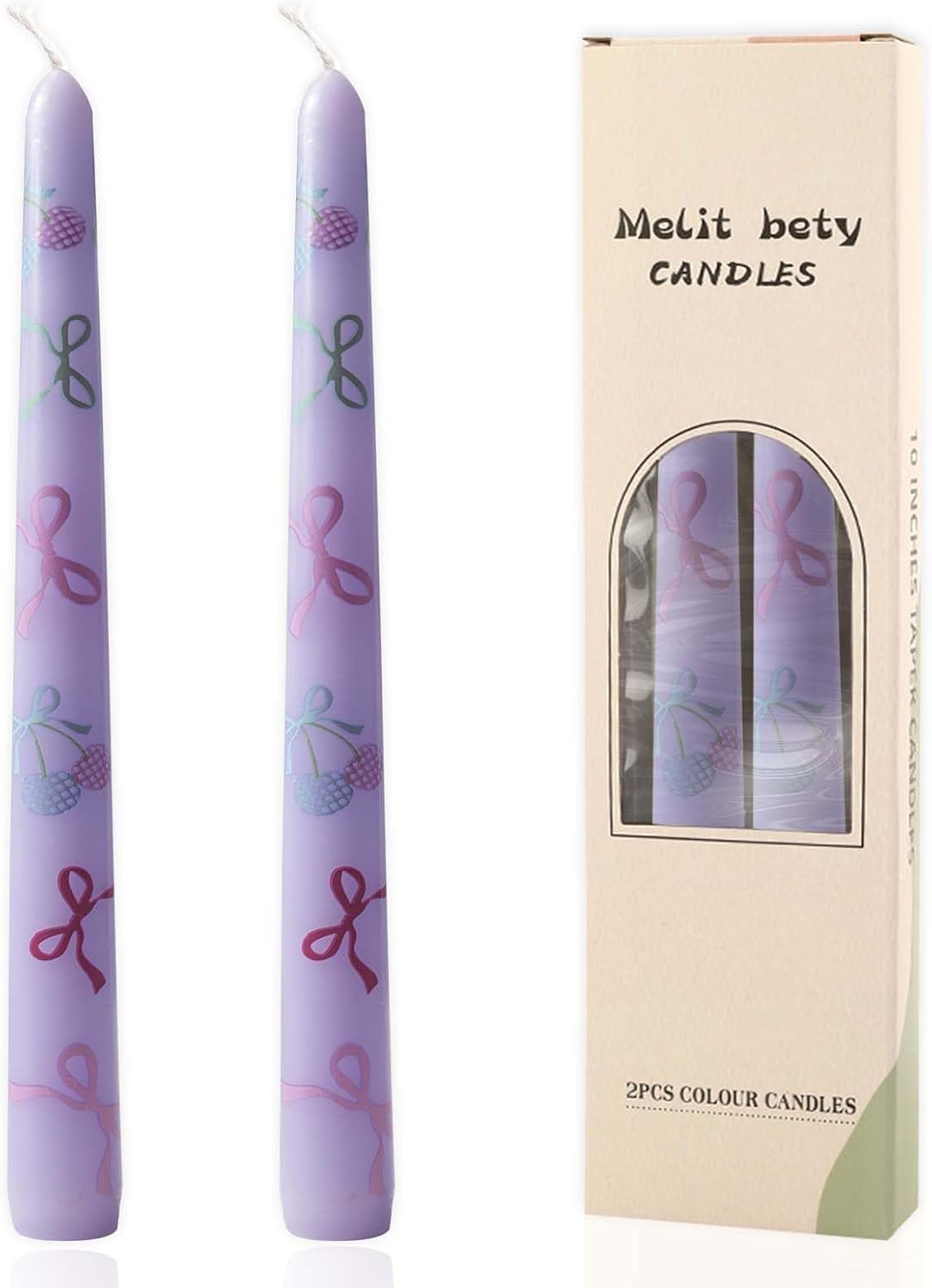 2 Pack Taper Candle 10 Inch Bow-Printed Candles,Candlesticks Unscented Dripless Tapered Candl Set for Decor Wedding Party Dinner,Valentine's Day,Various Festivals to Celebrate (Bow, Purple)