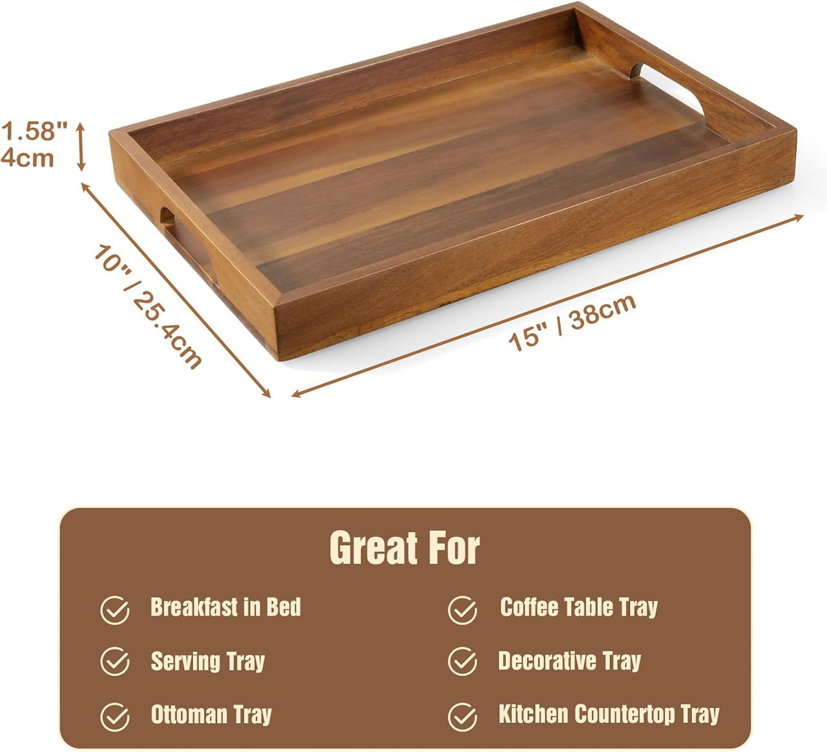 15 Inch Acacia Wood Serving Tray with Handles - Wooden Tray for Ottoman, Breakfast in Bed, Dinner, Coffee Table - Decorative Rectangular Tray for Living Room Bedroom Entryway and Kitchen