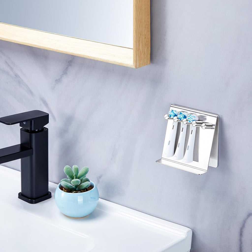 Electric Toothbrush Head Holder, Self Adhesive or Desktop Tooth Brushing Holder, Wall Mounted Toothbrush Holders Shower Bathroom, Tooth Brush Holder Organiser (Silver, Medium)