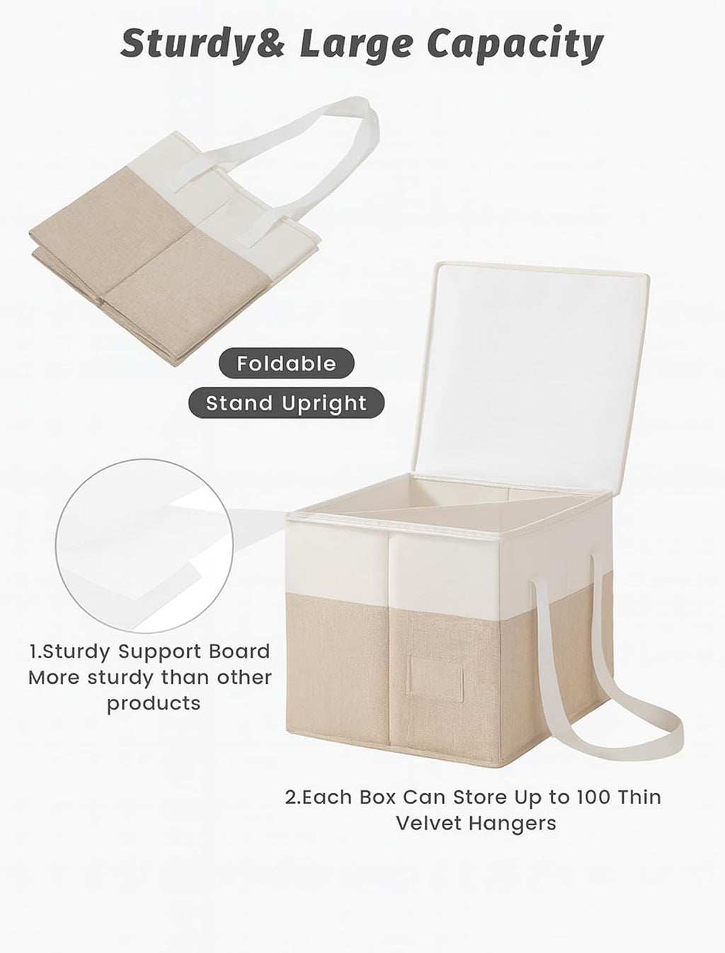 2-Pack Rigid Clothes Hanger Organizer Bag with Dust-Proof Lid, Hanger Storage Holder with Support Boards, Large Capacity Clothes Storage Containers with Handle for Laundry-Beige/Linen