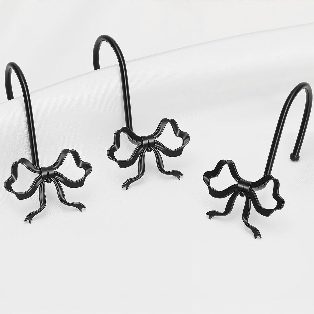 Black Bow Shower Curtain Hooks, 12 Pcs Metal Black Shower Curtain Hooks for Bathroom Decor, Cute and Rust-Proof, Suitable for Standard Showers Curtains Rods