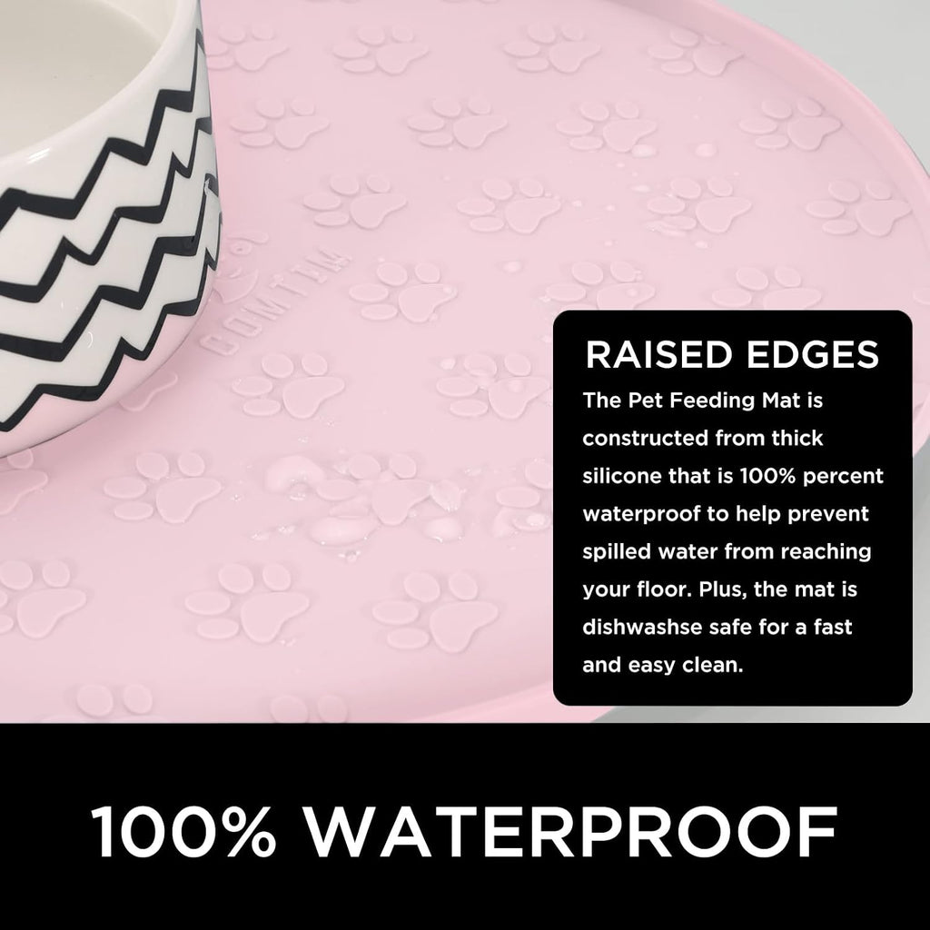 Comtim Waterproof Dog Food Mat - 2 Pack Silicone Pet Food Mat Dog Food Bowl Mats Cat Water Mats Eating Tray, Non-Slip Pet Placemat with Lip for Messy Drinkers to Protect Floor,Pink 11"×11"