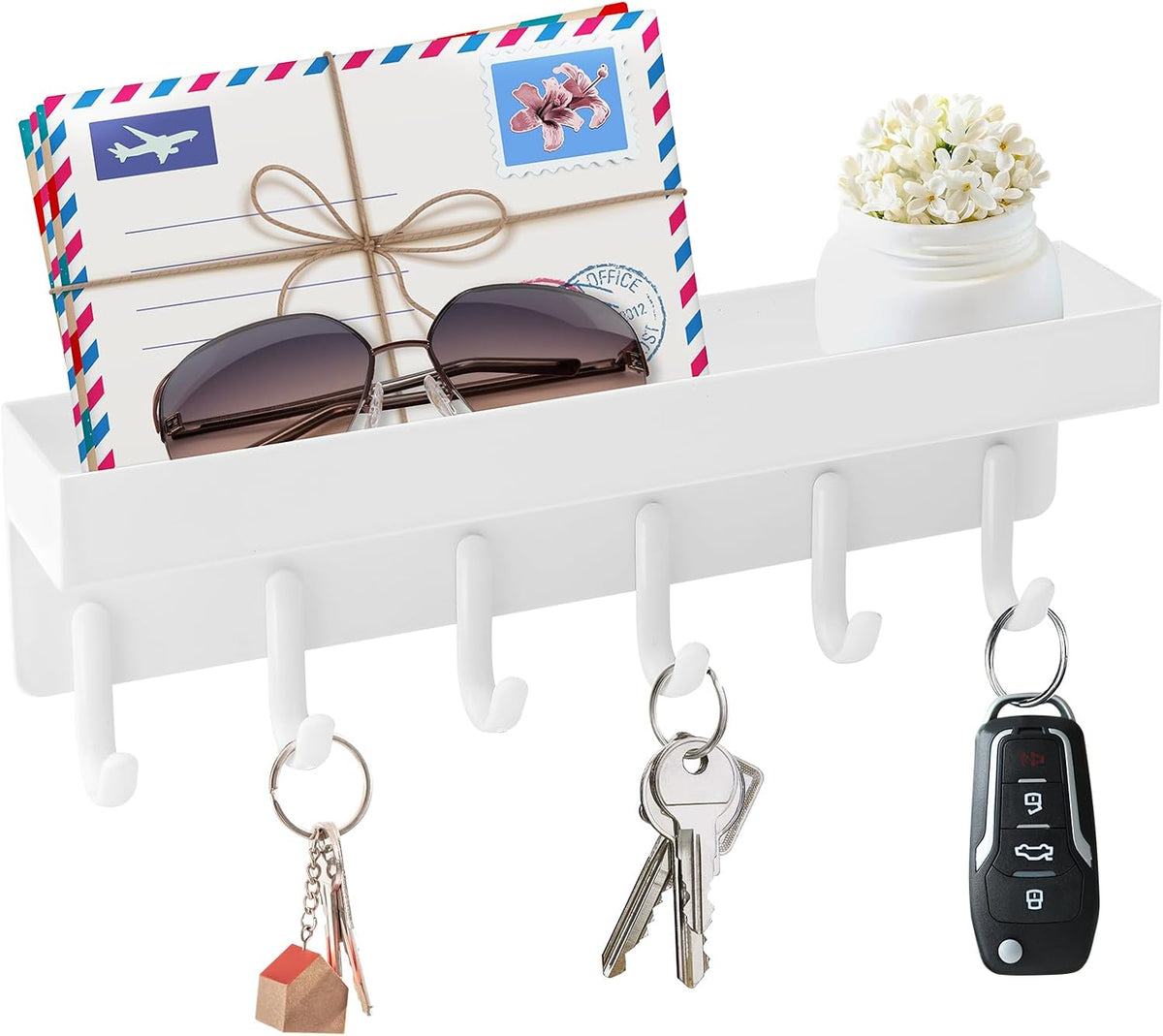 VIS'V Key Holder Wall Mount, Magnetic Key Rack with Tray, 6 Hooks, White