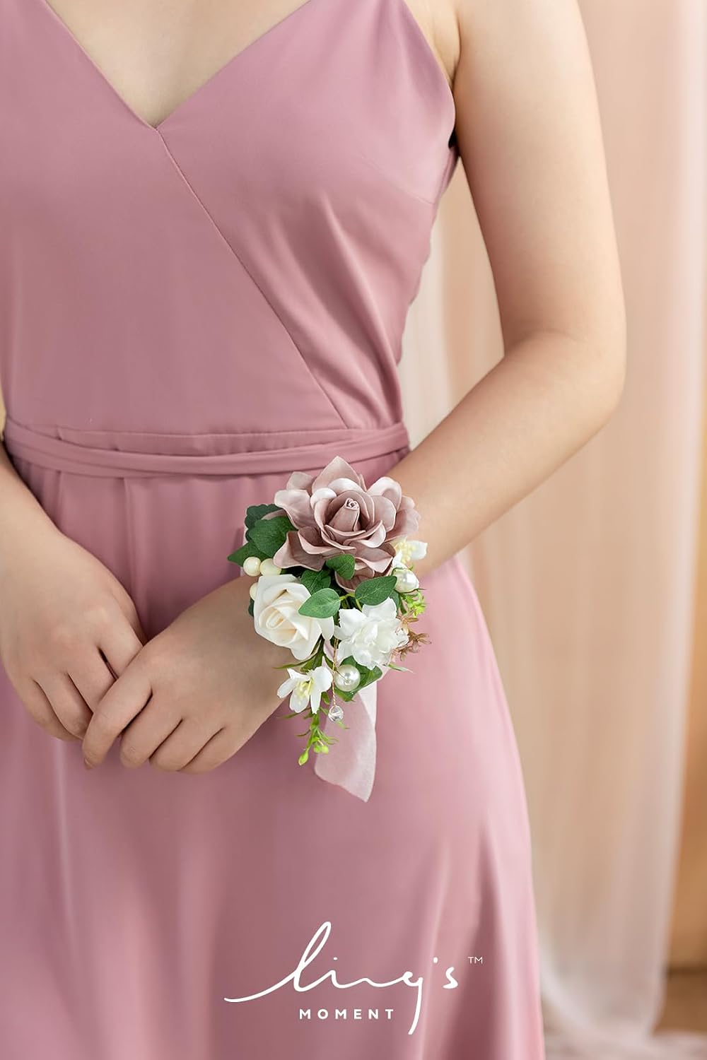 Ling's moment 2pcs Prom Wrist/Shoulder Corsage, Dusty Rose & Cream