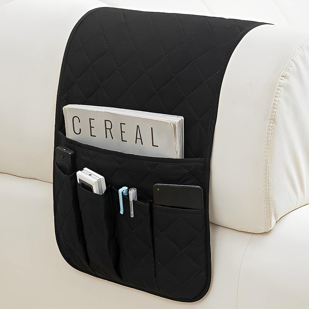 RETON Sofa Armrest Organizer 5 Pockets & 8 Hook‑and‑Loop Fasteners (Black)