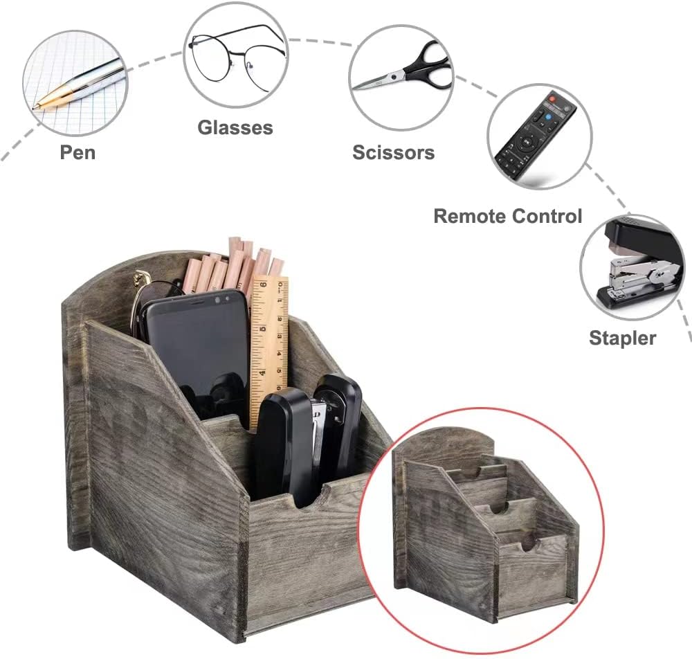 3 Slot Rustic Wooden Remote Control Frame Media Organizer,Office Supply Storage,Magazine Pen Holders (Rock grey)