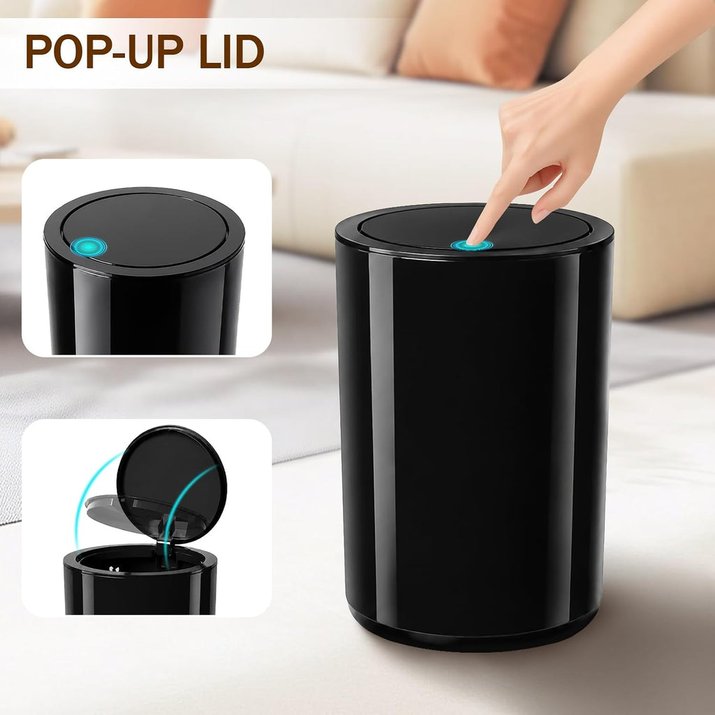 Small Bathroom Trash Can with Lid, 2.1 Gallon Plastic Garbage Can Black