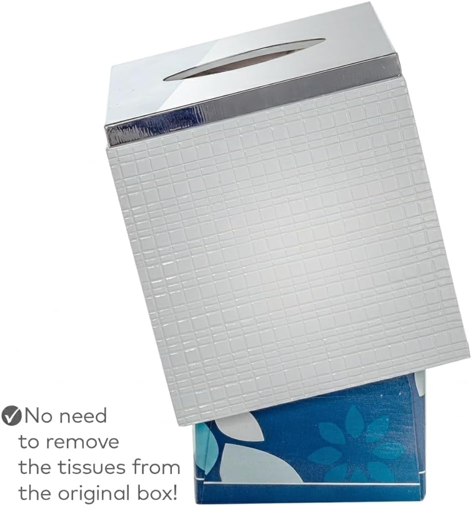 Estella White Square Resin Tissue Box Cover with Silver Top