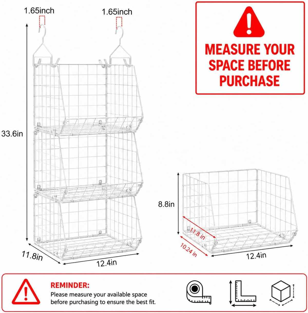 X-cosrack 3 Tier Foldable Closet Organizer, Clothes Shelves with 5 S Hooks, Wall Mount&Cabinet Wire Storage Basket Bins, for Clothing Sweaters Shoes Handbags Clutches Accessories-White Patent Design