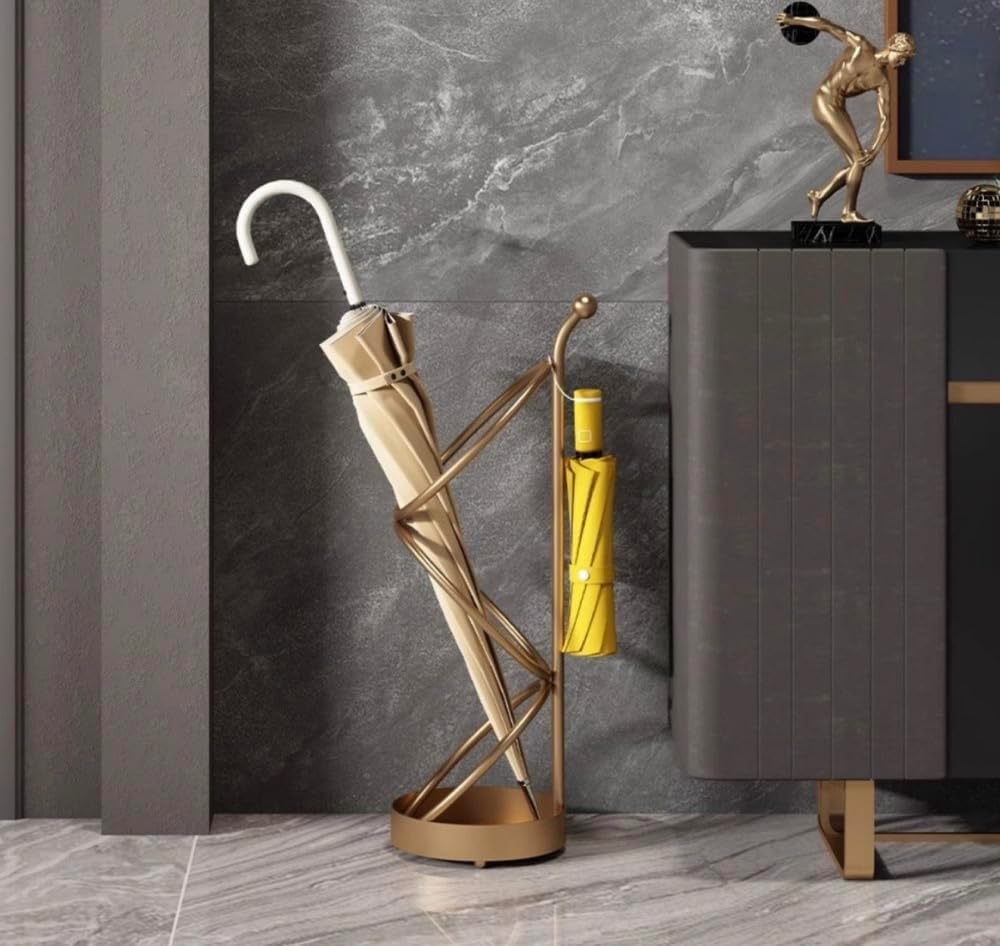 Metal Umbrella Stand At The Entrance, Freestanding Circular Umbrella Holder With Space For Canes And Walking Sticks. Ideal for Hotels, Entryways, Offices, and Hallways，25X10inches (gold)