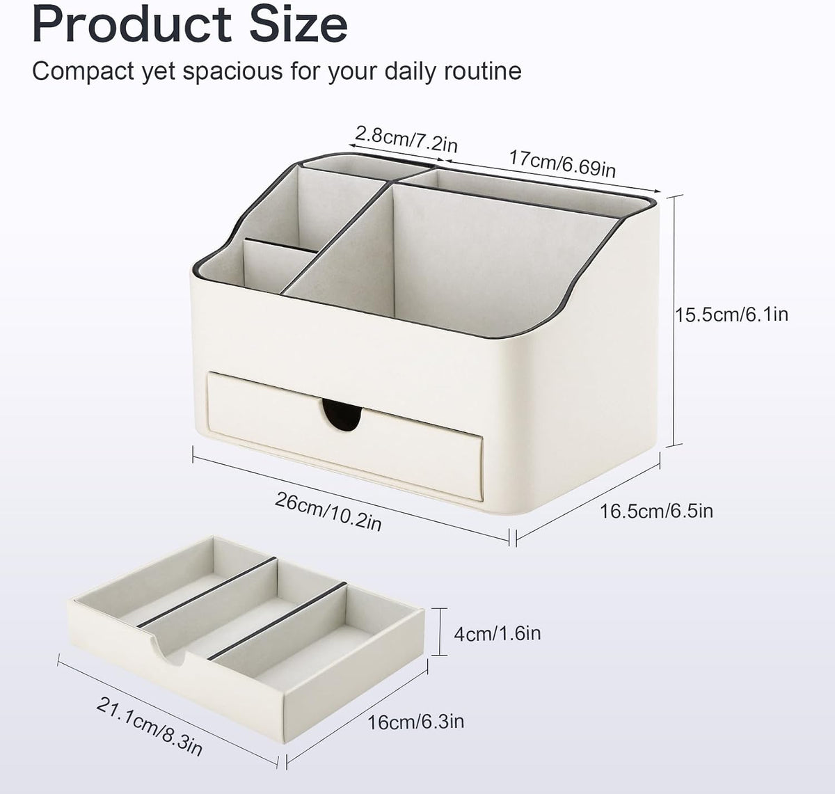 KINGFOM PU Leather Desk Organizer with Drawer, 5 Compartments Desktop Storage Caddy for Office Home Supplies, Pen Holder for Remote Control, Phone & Accessories, Mail Organizer Countertop Ivory White