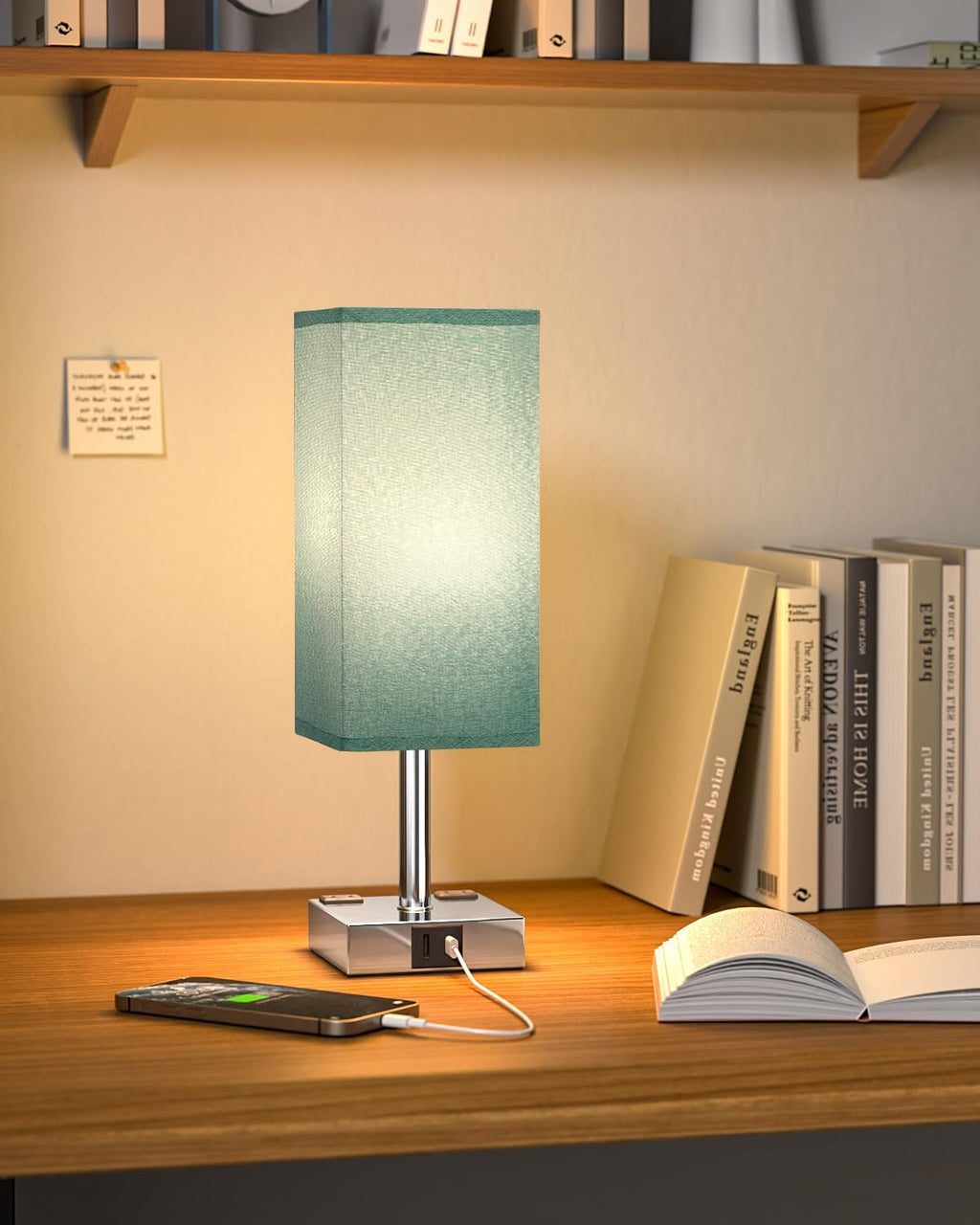 Turquoise Touch Table Lamp for Bedroom - Dimmable, USB C+A, 2 AC Outlets