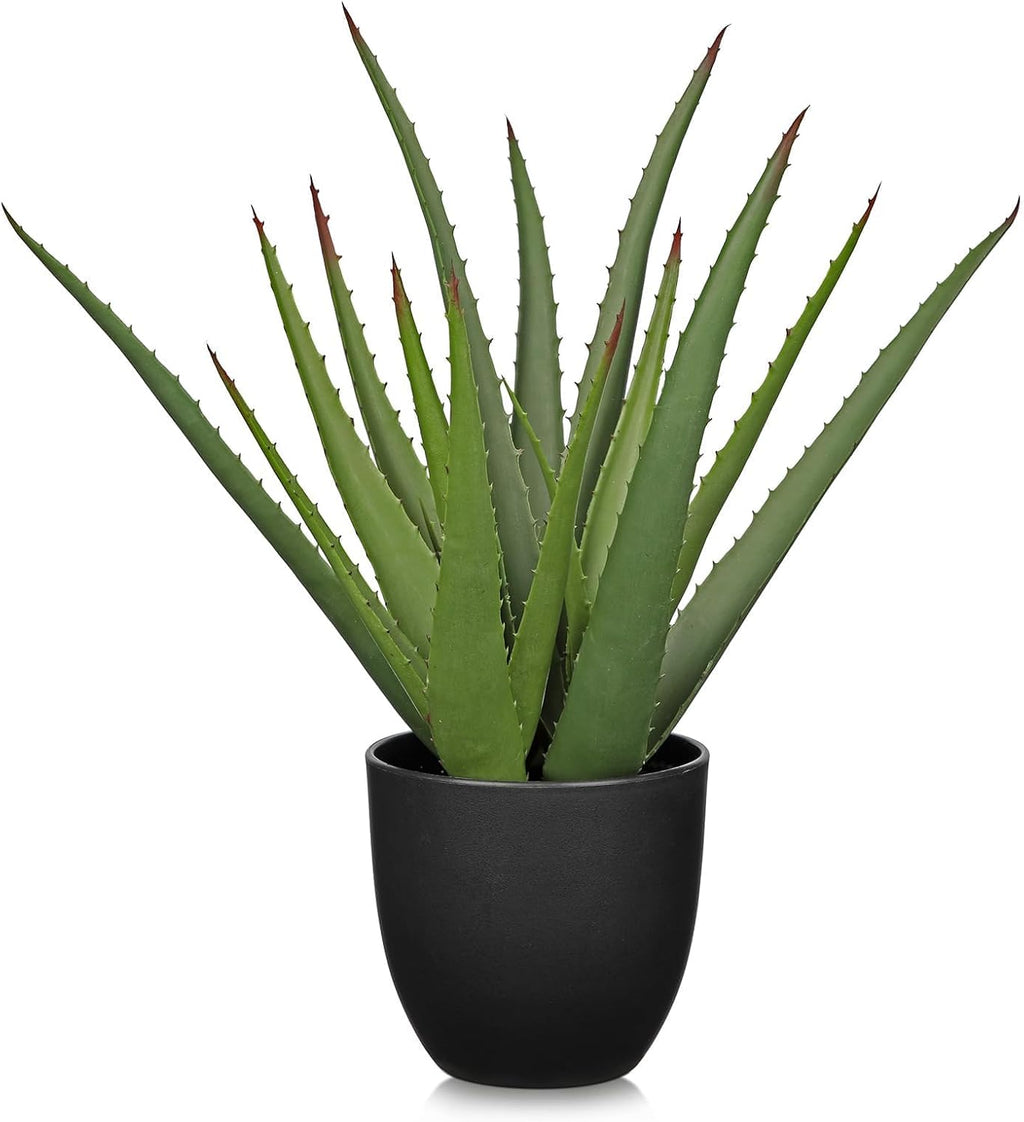 GnFlus Large Fake Succulent Aloe Vera Plants 16.7 Inch Artificial Succulents with Black Pot Faux Aloe Potted Plant for Desk Modern Home Office Bedroom Living Room Table Shelf Decor
