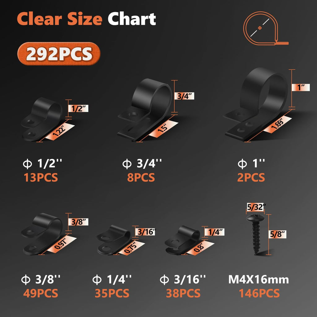 292Pcs Black PA66 Nylon R Cable Clamps Kit w/ M4 Screws, 6 Sizes
