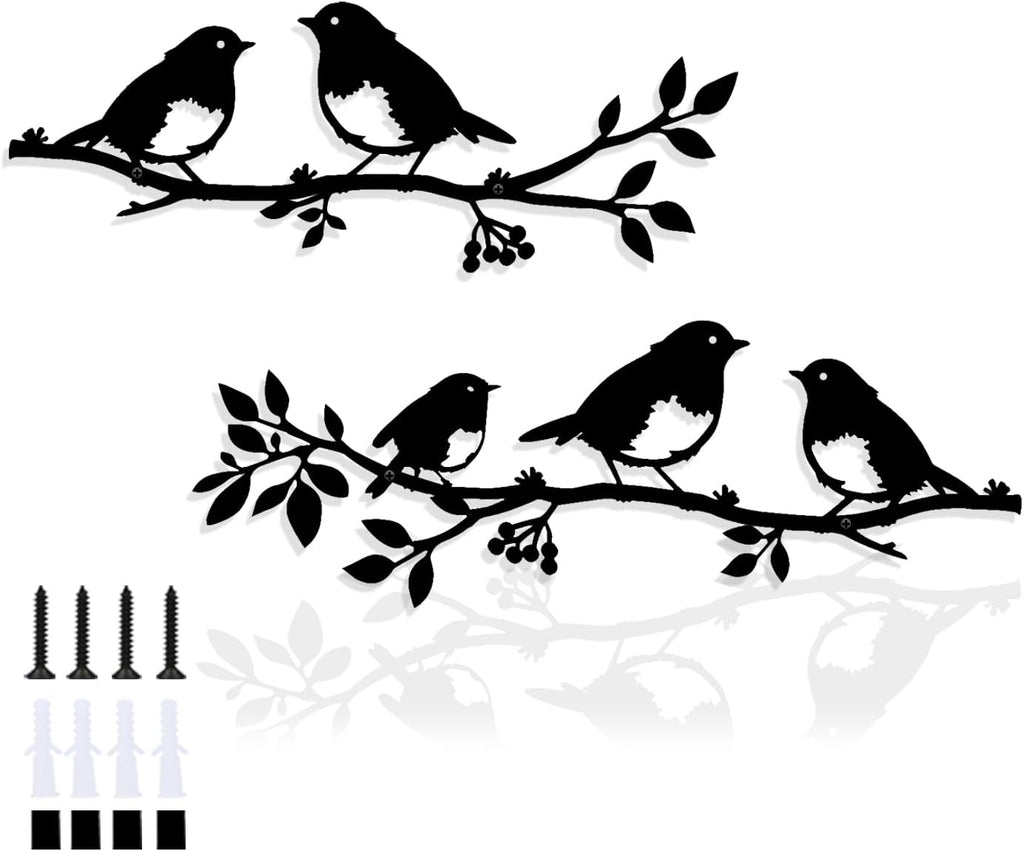 Harikikochuu 2pcs Metal Birds Wall Art Birds on Branch Silhouette Art Rustic Robin Garden Decor Metal Leaf Wall Sculpture for Outdoor Porch Balcony Housewarming Gift Mother's Day Present.