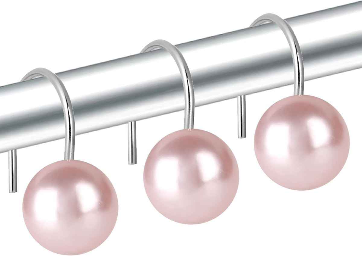 Pearl Shower Curtain Hooks, 12PCS Stainless Steel Anti Rust Artifical Pearl Decorative Shower Curtain Hooks Cute Theme Shower Curtain Hooks for Bathroom Bedroom Room Decor (Pink)