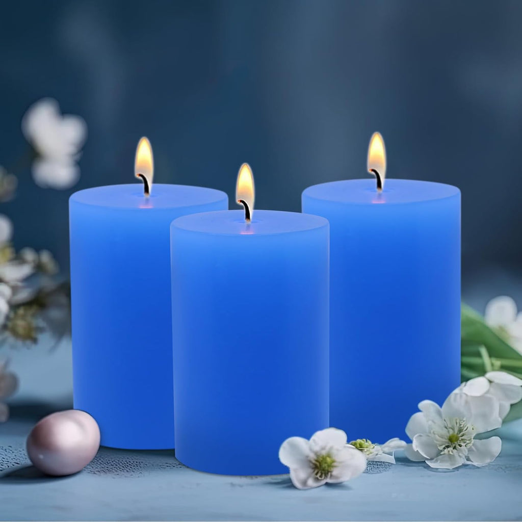 6 Packs 2.75x3.25 Inch Blue Colored Pillar Candles, Unscented Dripless Cylinder Paraffin Wax Candles for Home Table Holiday Party Spa Decor Emergency Power Outage
