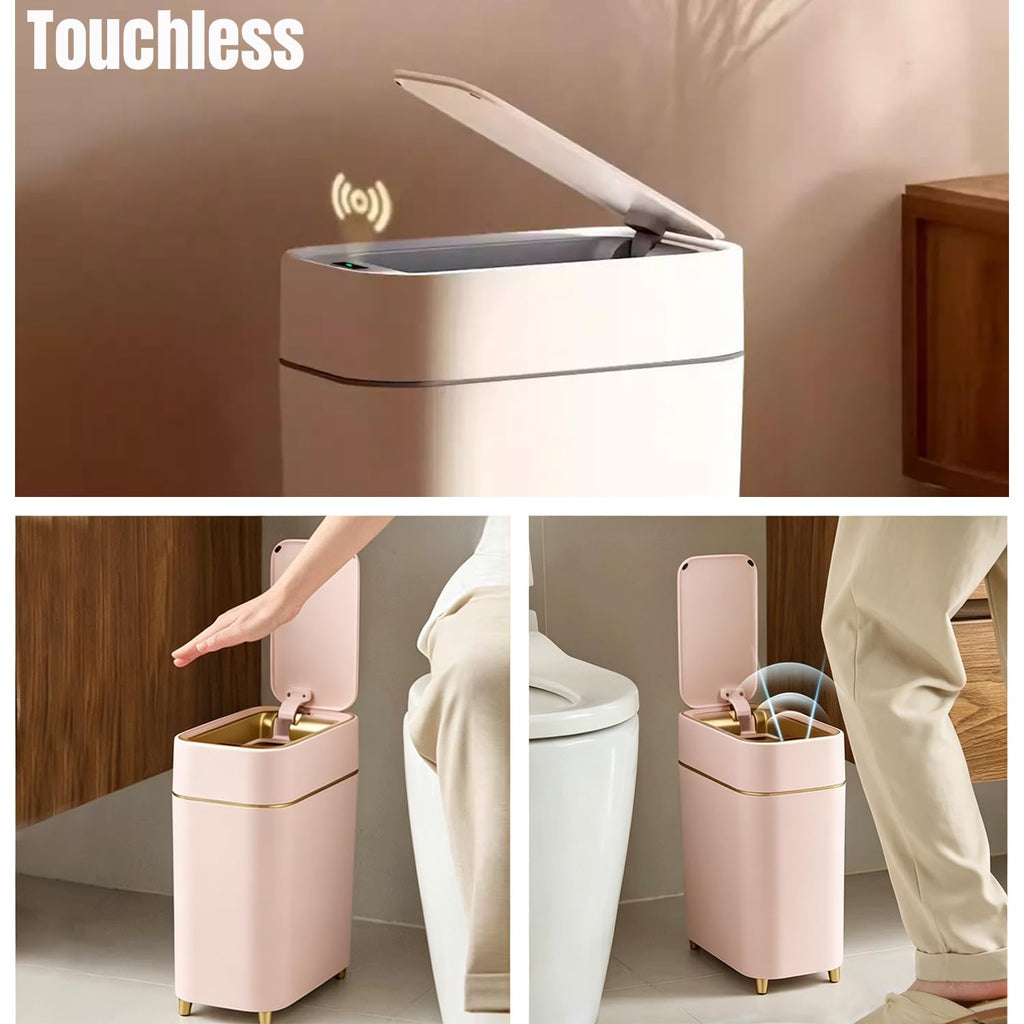 2-Pack Automatic Bathroom Trash Can with Lid, Slim Motion Sensor Garbage Can, Waterproof Touchless Trash Bin, Smart Trashcan for Bedroom, Living Room, Narrow Space, 2.3 Gallon, Pink+Gold Trim