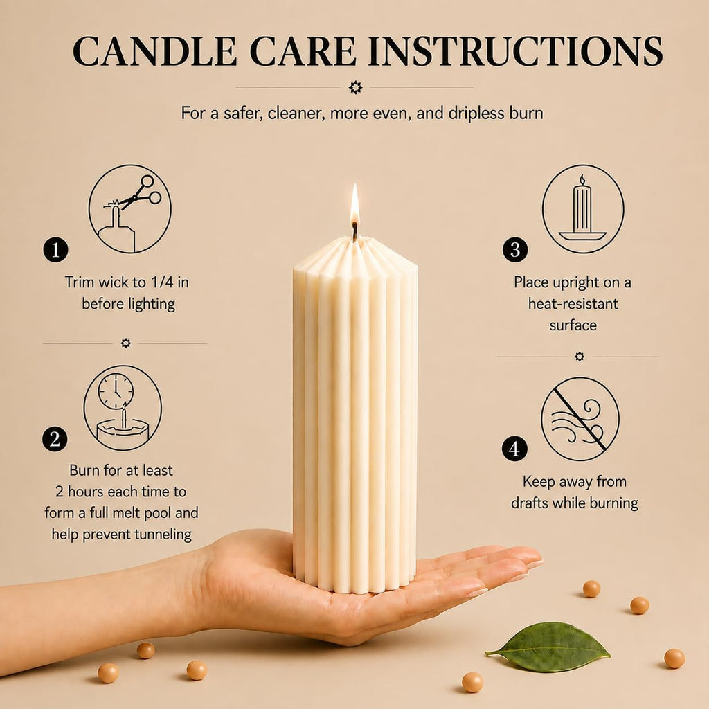 Cream White Ribbed Decorative Pillar Candles, 3 Pack,2.8 x 4/6/8 in,Soy Wax