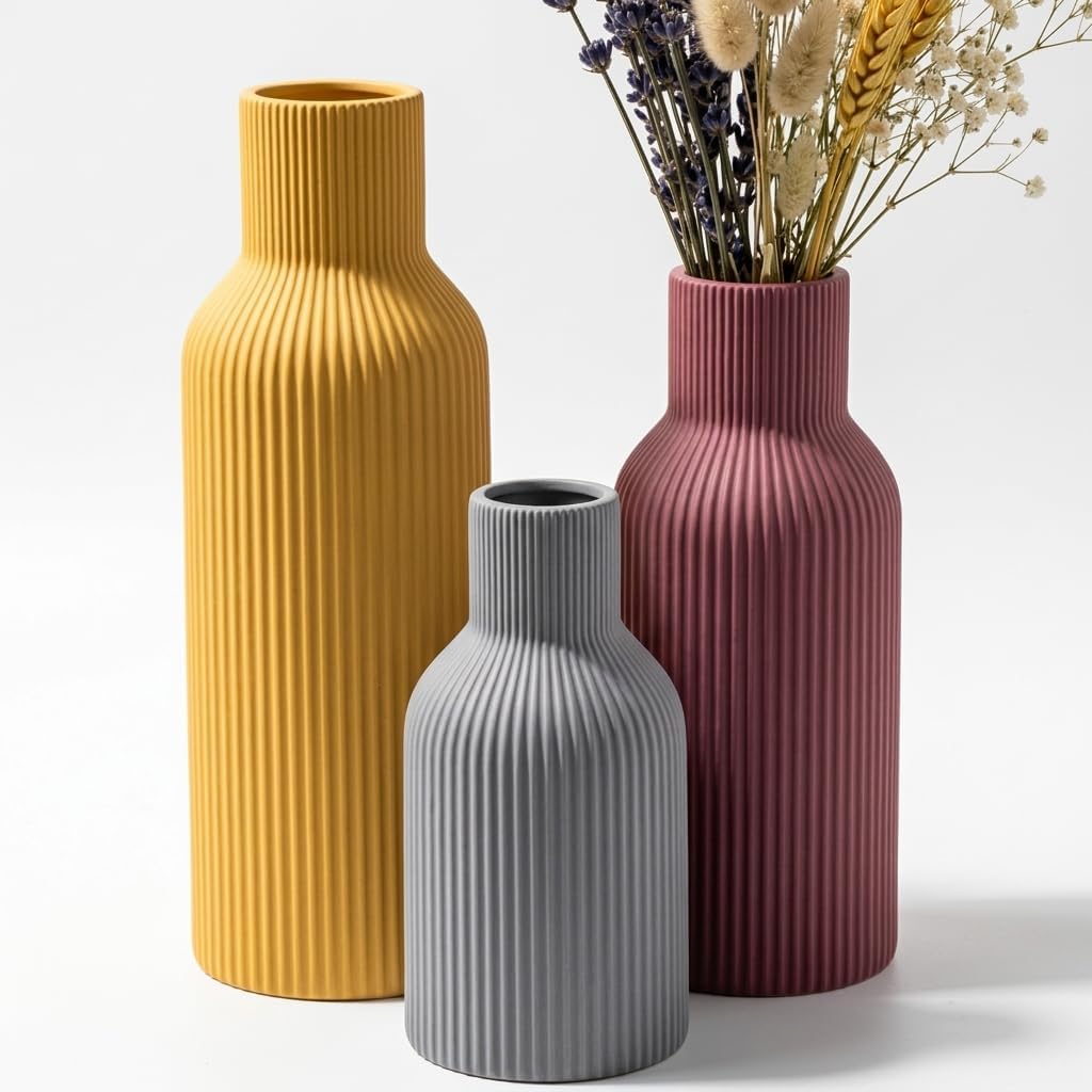 Colorful Ceramic Vases Set of 3, Matte Vertical Ribbed, Minimalist for Pampas Grass &Fresh Flowers, Centerpiece for Living Room,Shelf,Wedding (Mustard Yellow, Dusty Gray, Burgundy)