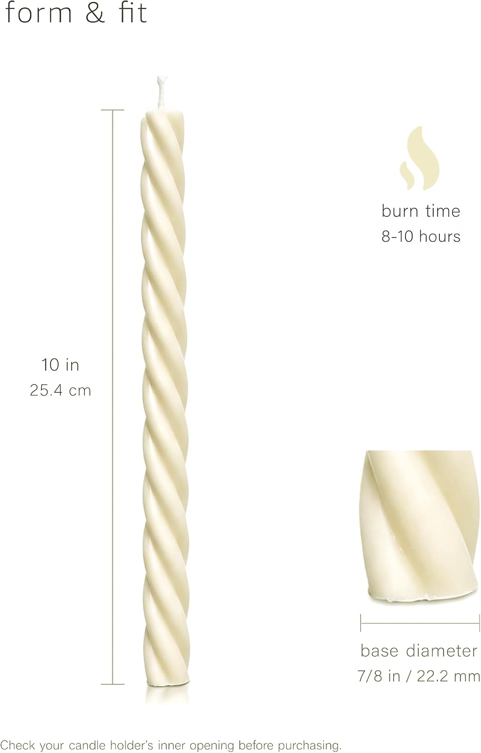 10" Candle Sticks, Twisted Taper Candles, Ivory, 4-Pack, Unscented