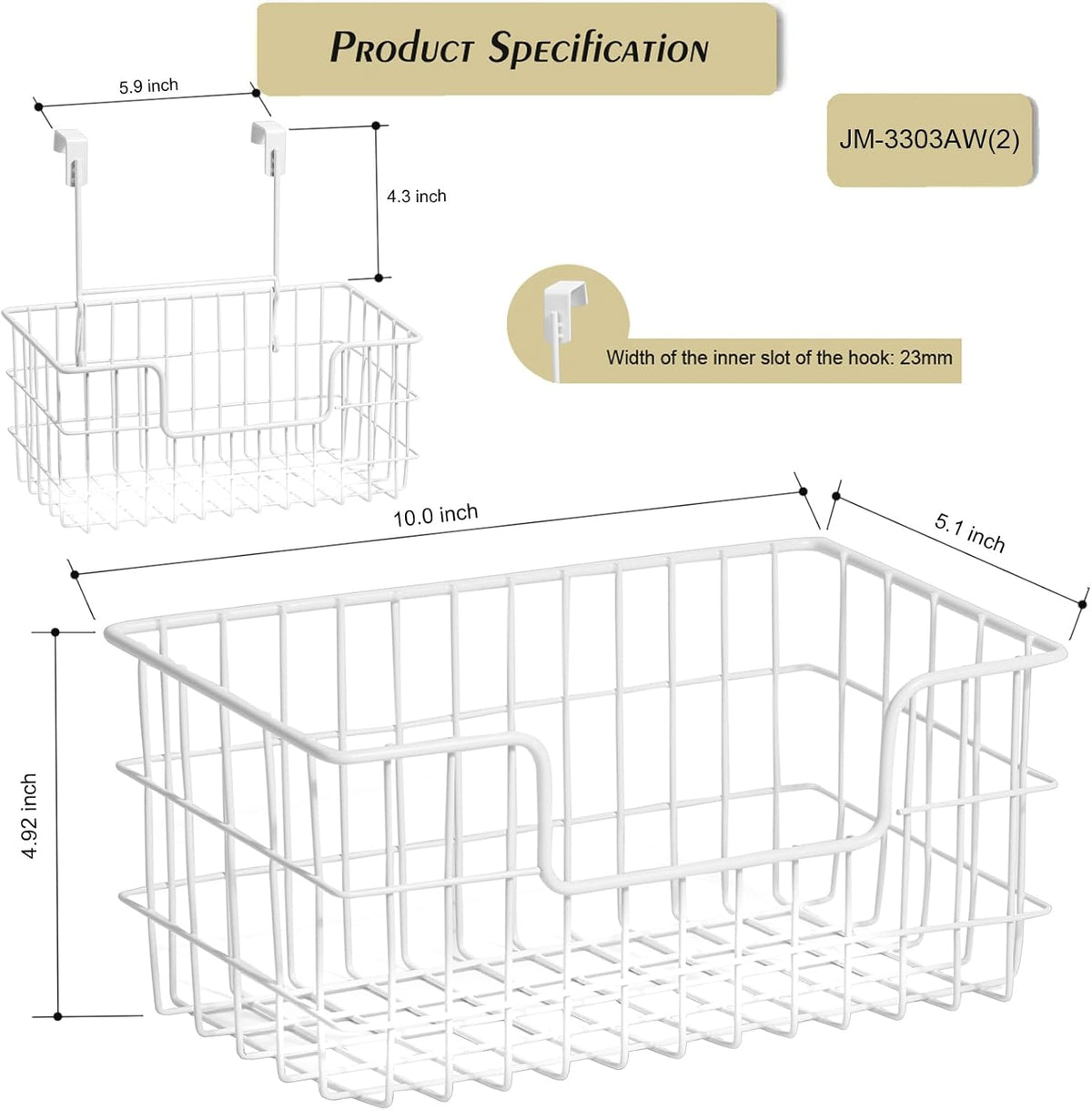 JUNCHU CHERRY Wire Storage Basket 2 Packs, Wall Mounted Kitchen Bathroom, Hanging Cabinet Door Storage Basket, no Drilling, Supporting 2 Types of Hooks, Strong Bearing, Suitable for Home, White