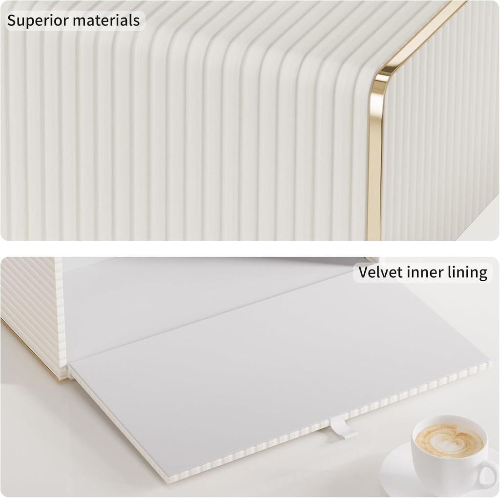 Tissue Box Cover,White Rectangle Leather Tissue Box Holder with Gold-Tone Edging Decoration,Decorative Tissue Cover for Bathroom Toilet Bedroom Living Room Table Desk Office (White, Rectangle)