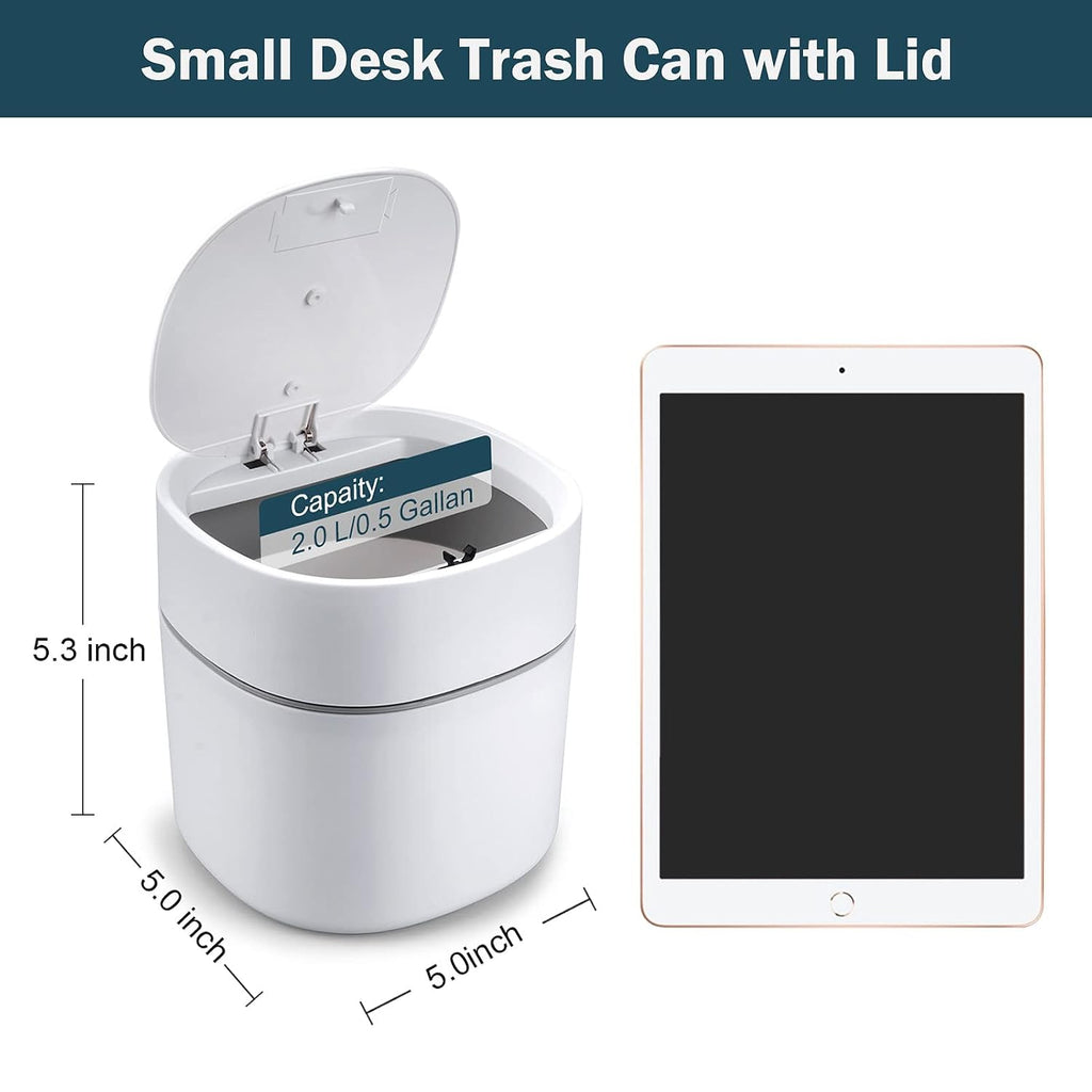 Mini Desk Trash Can with Pop-Up Lid Includes 180 Bags 0.5 Gallon, White
