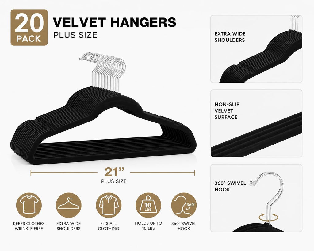 Home Expressions Premium 20 Pack - Ultra Thin No Slip Velvet Suit Swivel Hangers - 21" Extra Wide Strong Velvet Hangers - Space Saving Clothes Hangers - 21x0.2x10 inches (Black)