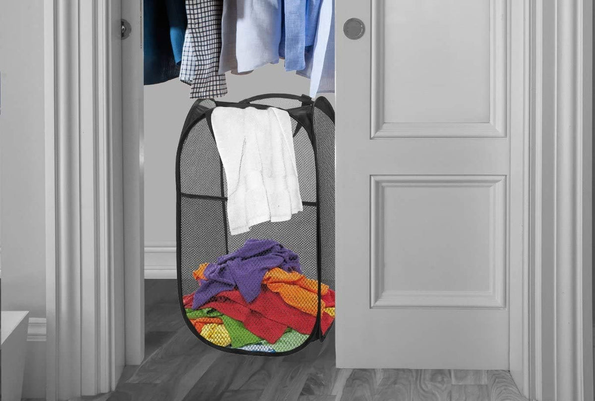 Portable Mesh Popup Laundry Hamper with Durable Handles, Folding Pop-Up Clothes Hampers Collapsible for Storage, Travel Cloth Basket Great for Home Kids Room, College Dorm, Travel(Black)