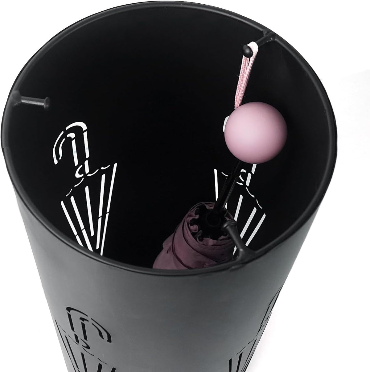 DreamsEden Metal Umbrella Stand, Round Entryway Umbrella Organizer with 3 Hooks for Walking Canes Golf Clubs, Sturdy Durable Holder Rack, Black
