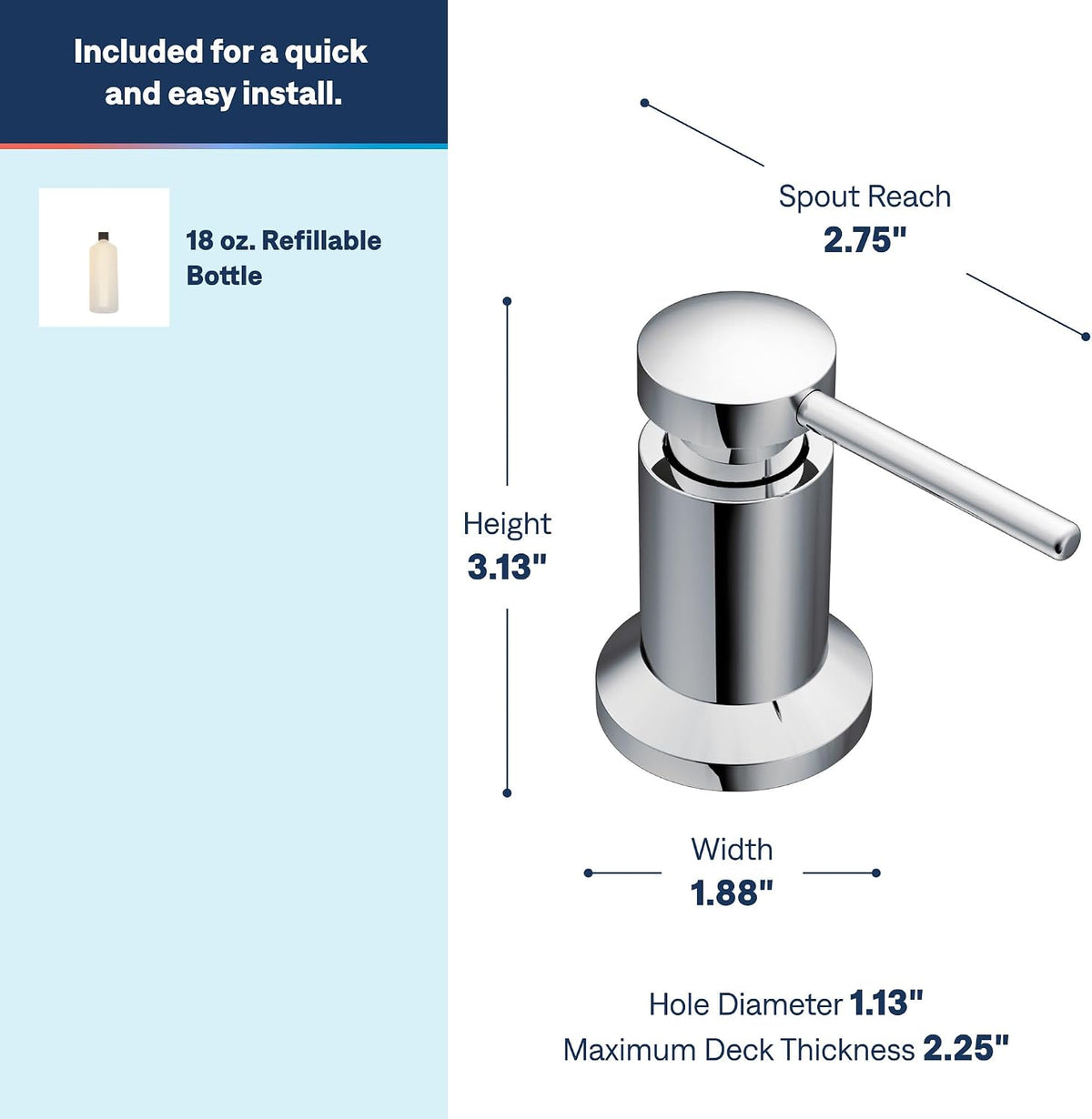 Moen Transitional Kitchen Soap Dispenser, Refillable Bottle, Chrome, 3942