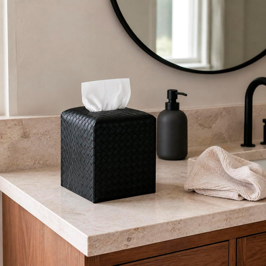 Tissue Box Cover PU Leather Tissue Holder Square Facial Tissue Case Facial Paper Organizer Dispenser for Bathroom, Vanity Countertop, Tabletop, Car, Black
