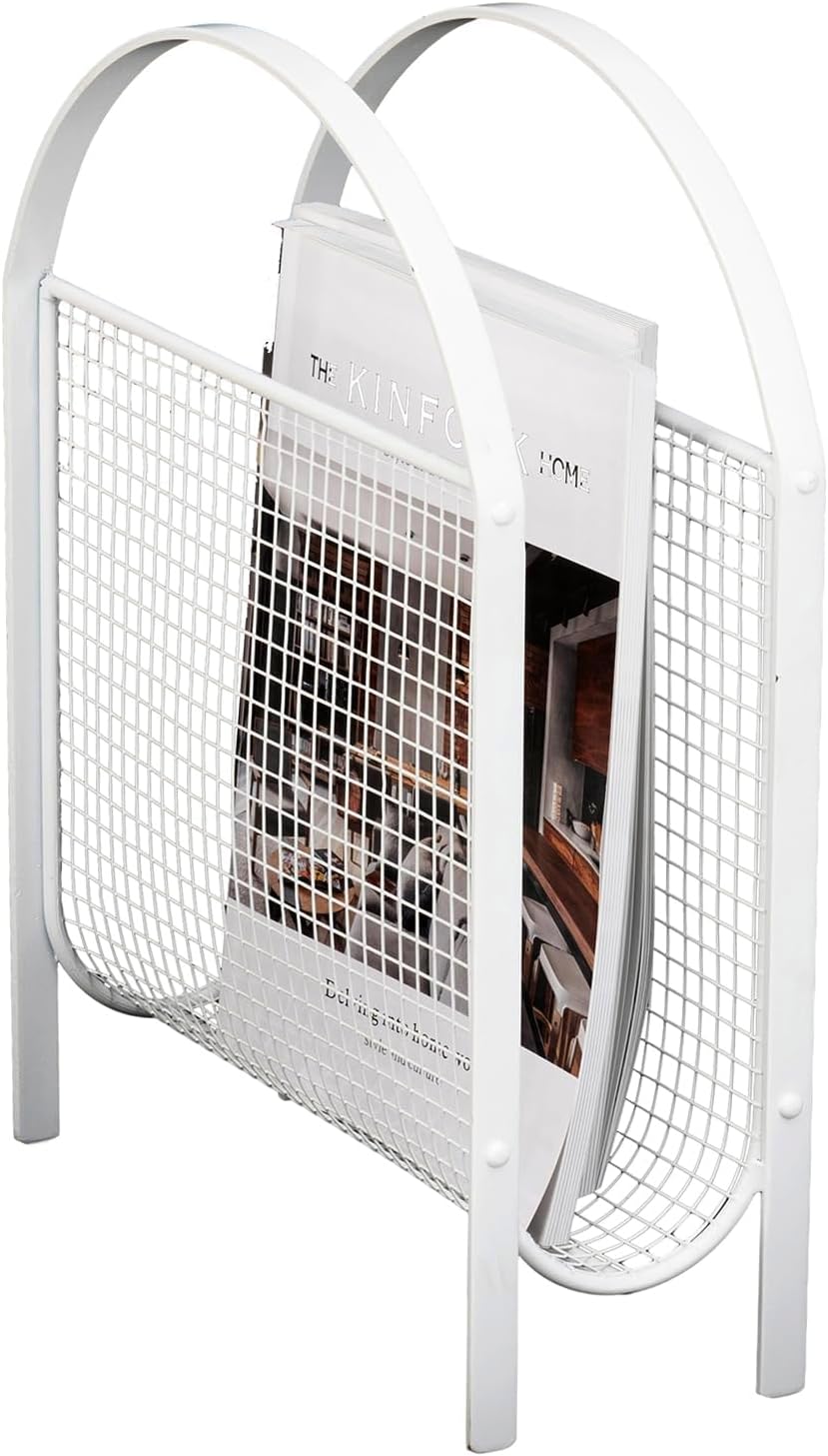 MyGift White Metal Mesh Magazine Rack, Mid Century Freestanding Holder