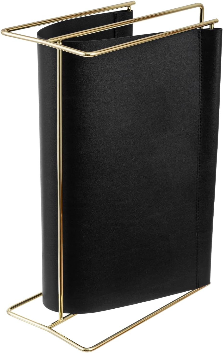 MyGift 15 Inch Black Leatherette Magazine Holder, Brass Metal Floor Rack