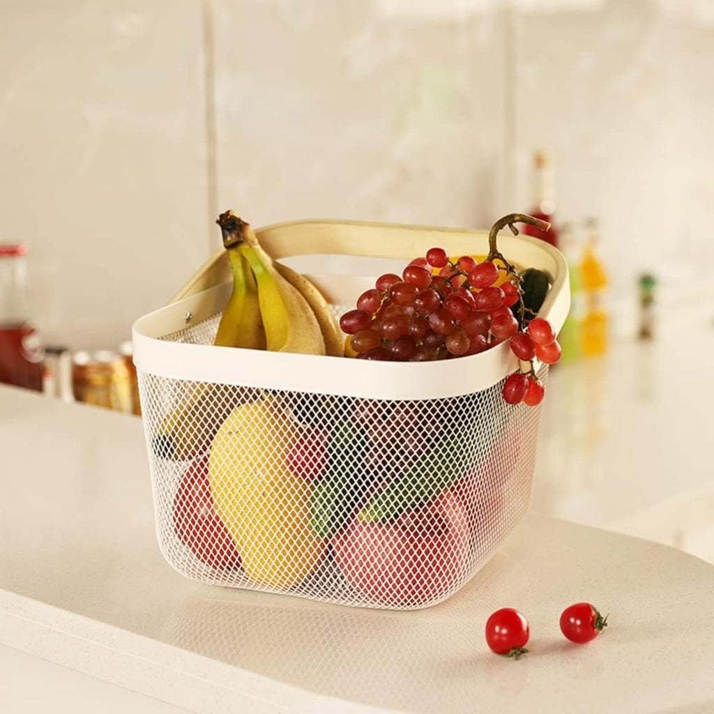 Mesh Steel Storage Organizer Basket Fruit Basket Bin with Wood Handle Ideal for Kitchen Bathroom Picnic Baskets Pantry Cabinets Storage Home Decor (Light Blue)