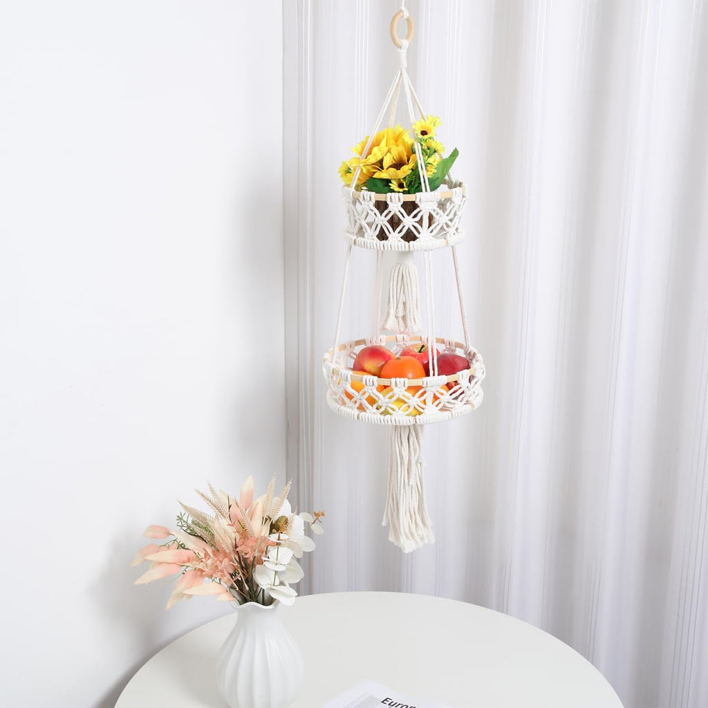 Zerodeko Plant Stand Hanging Fruit Basket 2 Tier Over The Door Organizer Woven Cotton Rope Wall Hanging Basket Magazine Racks Macrame Fruit Hammock for Organizing Storage Bohemia Decor Boho Decor