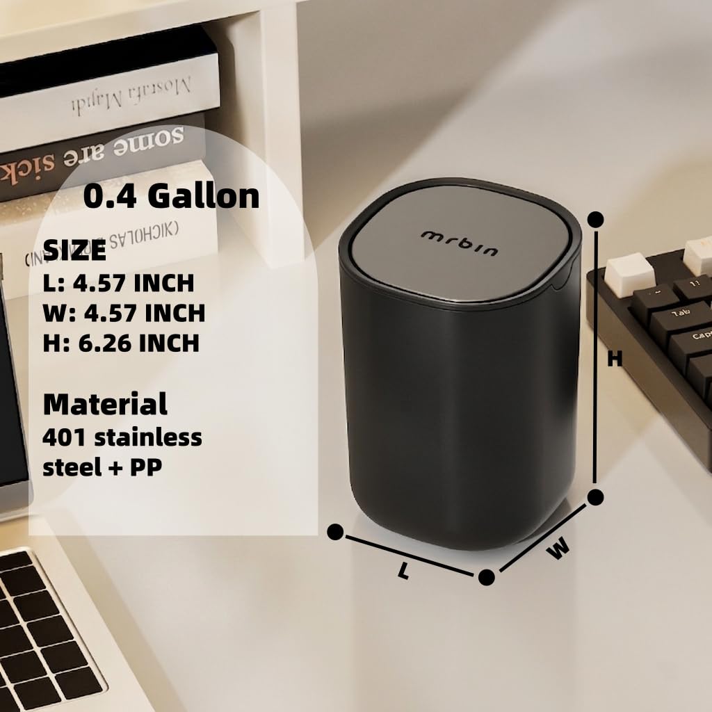 MRBIN Desk Mini Car Trash Can, 0.4 Gallon Table Top Plastic Waste Basket with Stainless Steel Lid, Small Garbage Bin for Bedroom, Coffee Bar, Vanity Countertop, Black
