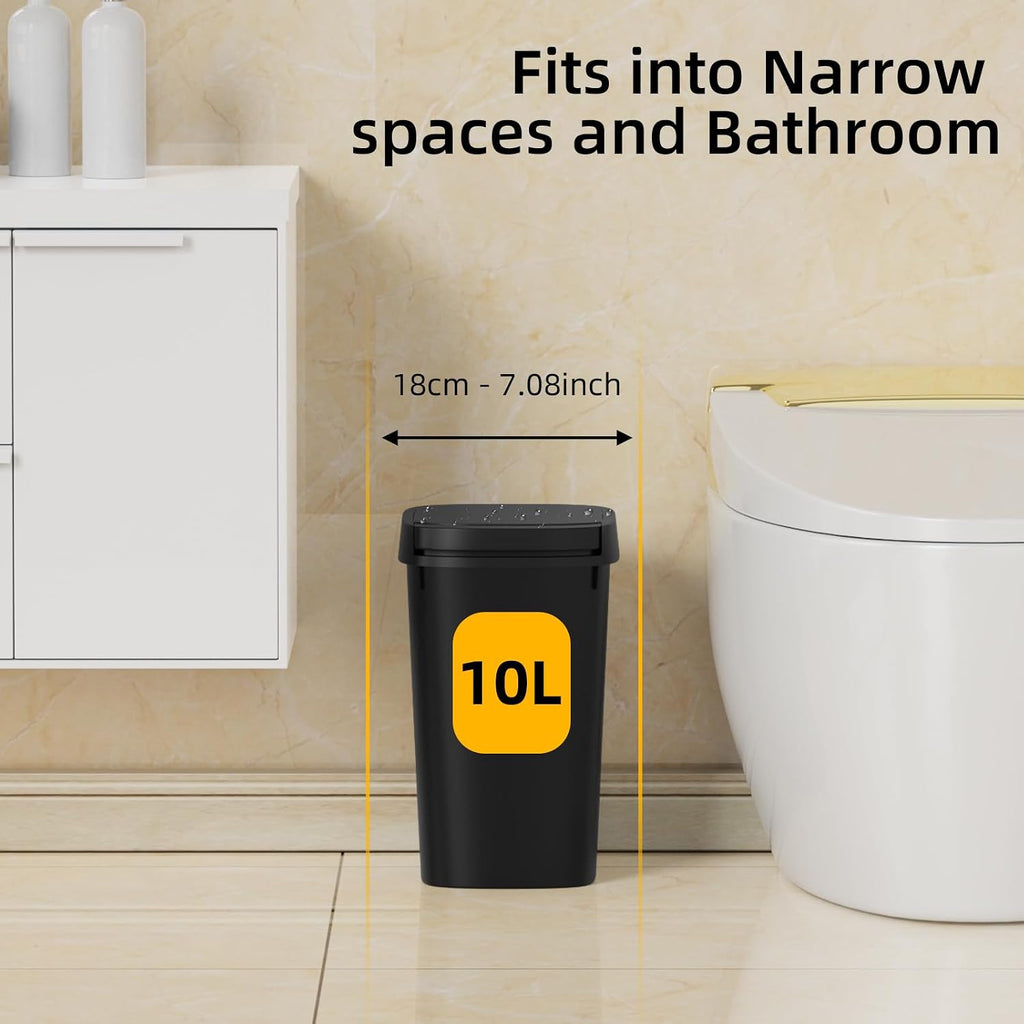 KSSKSS 3 Pack Bathroom Small Trash Can with Lid, 2.6 Gallon Slim Garbage Bin with Pop-Up Lid, 10L Plastic Wastebasket for Bedroom, Office, Kitchen, Toilet (Three Colors)