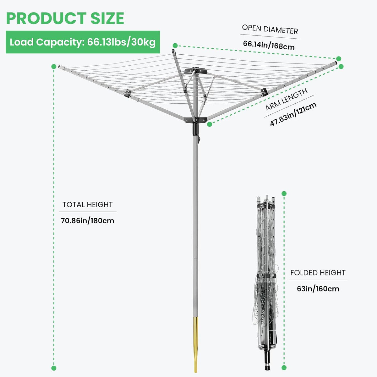 Outdoor Umbrella Drying Rack, 4-Aluminum Arms Folding Rotary Dryer with 12 Lines 165 ft Drying Space Adjustable Height Clothesline w/Waterproof Cover & Ground Spike for Garden Backyard(Grey)
