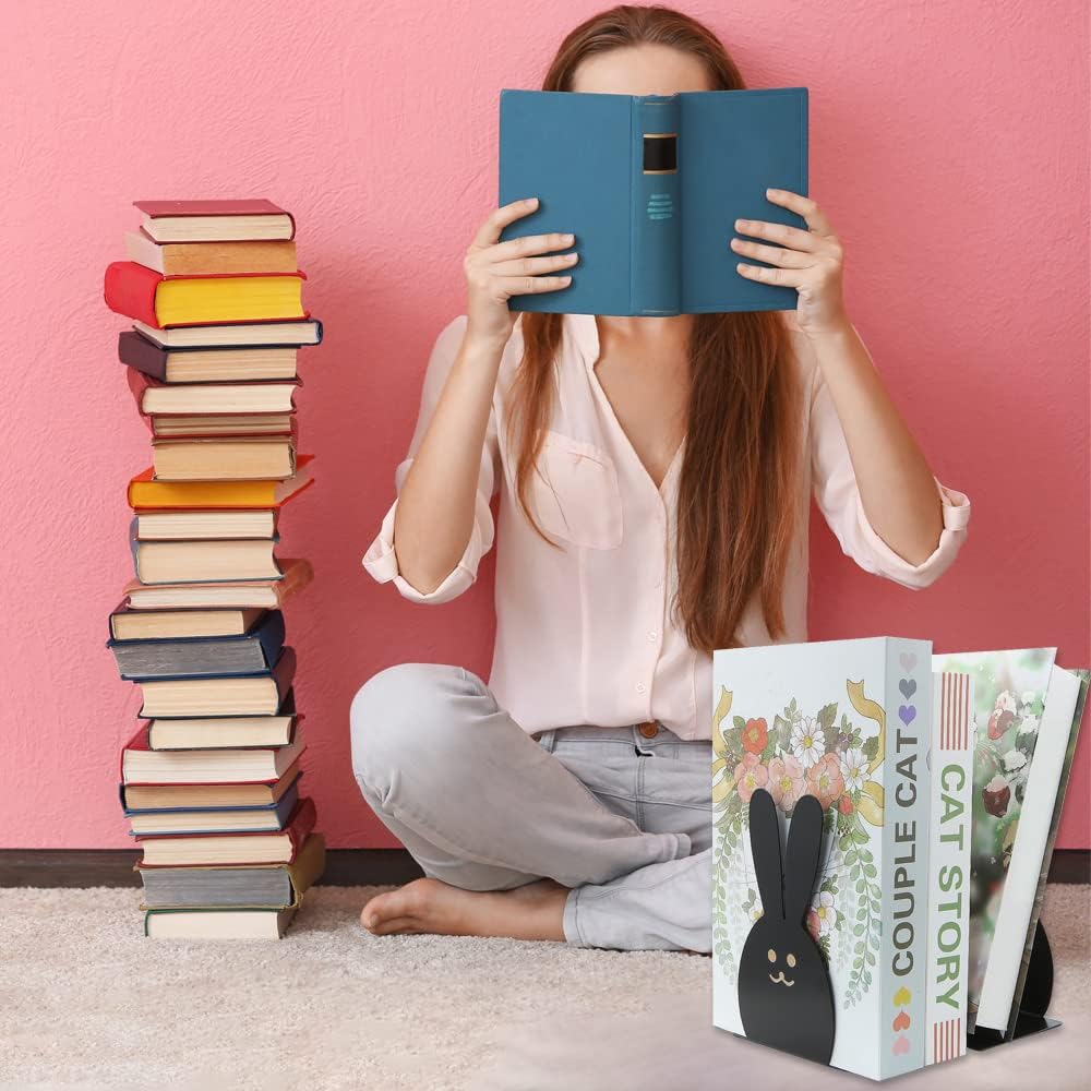 Lovely Bunny Bookends Rabbit Long Ears Metal Kid Bookends Student Book Ends Metal Office Desk School Library Decoration Bookshelf Book Organizer for Easter Christmas Birthday Kids Gift (Black)