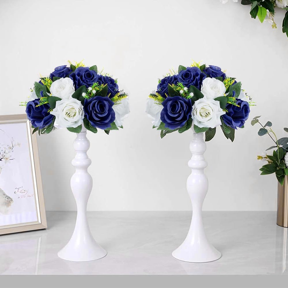 10Pcs Artificial Rose Balls for Centerpieces (Navy Blue & White)