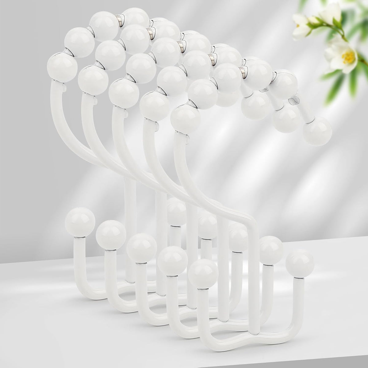 Resze Shower Curtain Hooks, Metal Double Shower Curtain Rings, White
