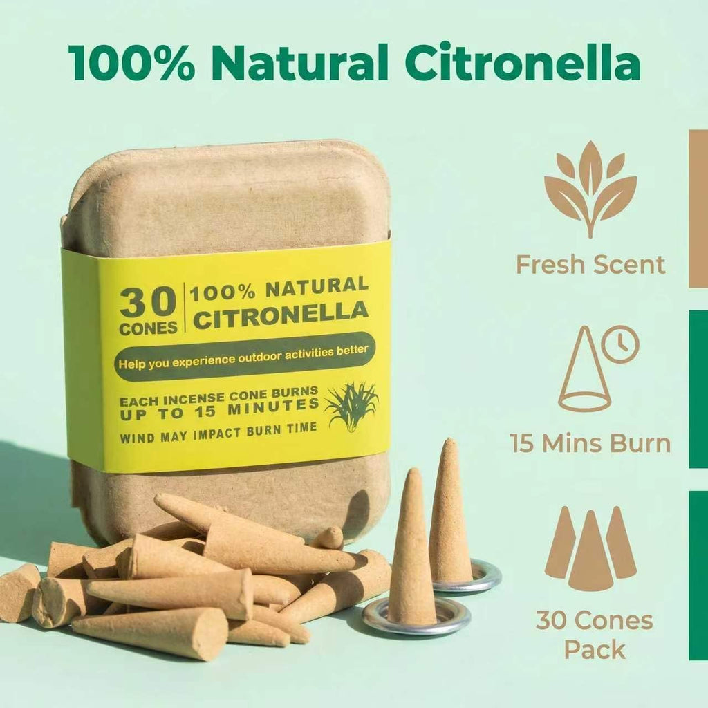 Natural Citronella Incense Cones 30 Count, Include 2 Metal Dishes