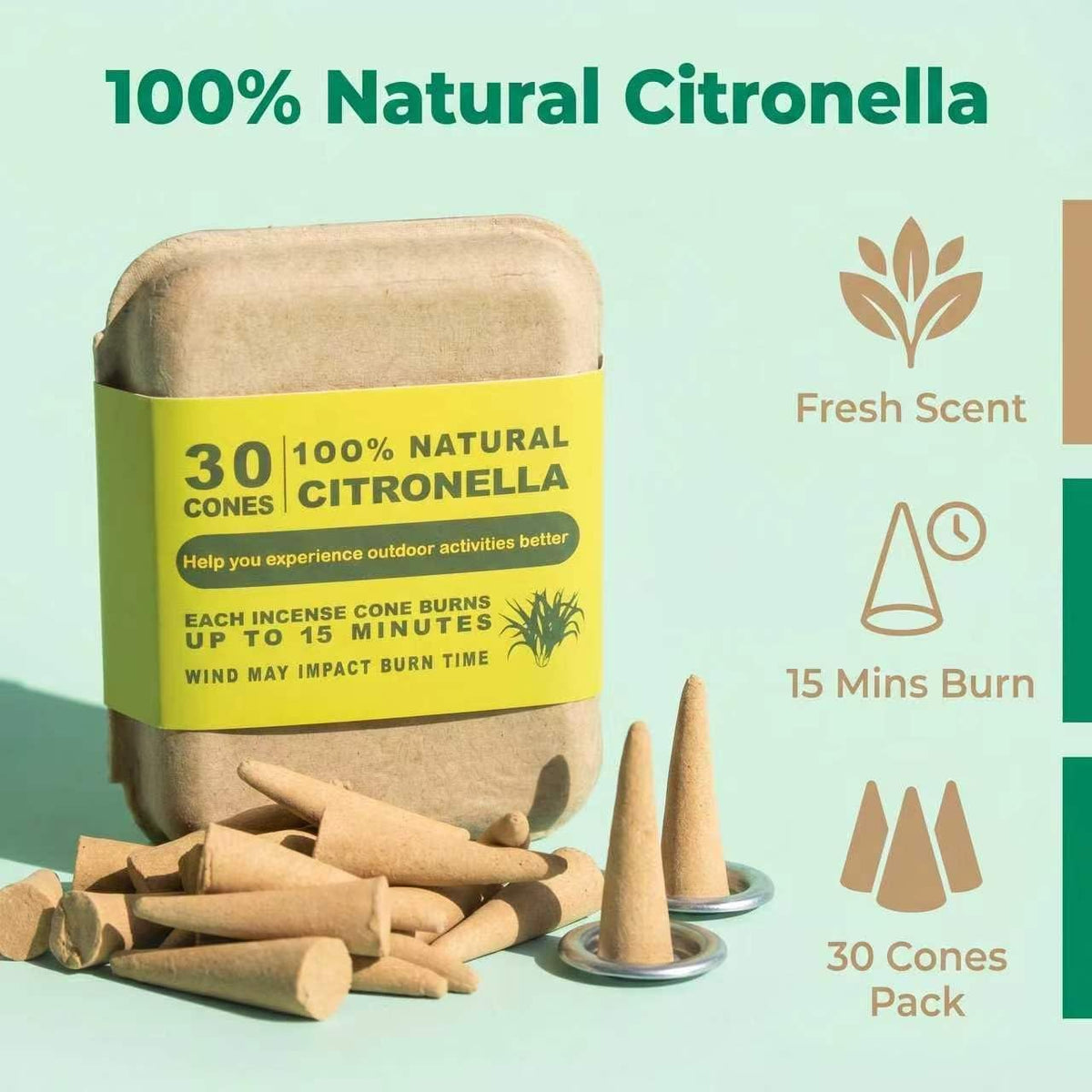 Natural Citronella Incense Cones 30 Count, Include 2 Metal Dishes
