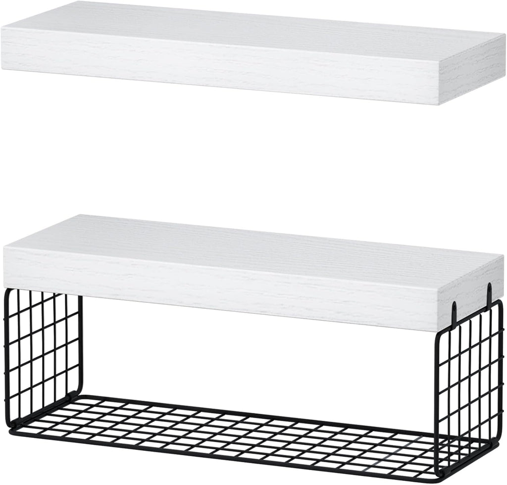 QEEIG Bathroom Shelves Over Toilet Wall (White and Black, Set of 2, 15.7")